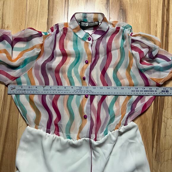 VINTAGE 80s Pat Richards Striped Chiffon Wrap Skirt Dress Sheer Rainbow Size 12 - Picture 4 of 8